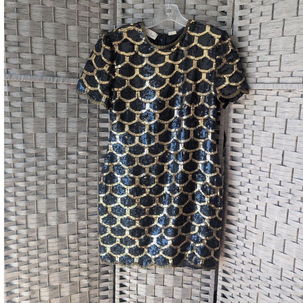 Vtg Laurence Kazar Sequin Dress Black Gold Scallop Sz S Gatsby Flapper Art Deco